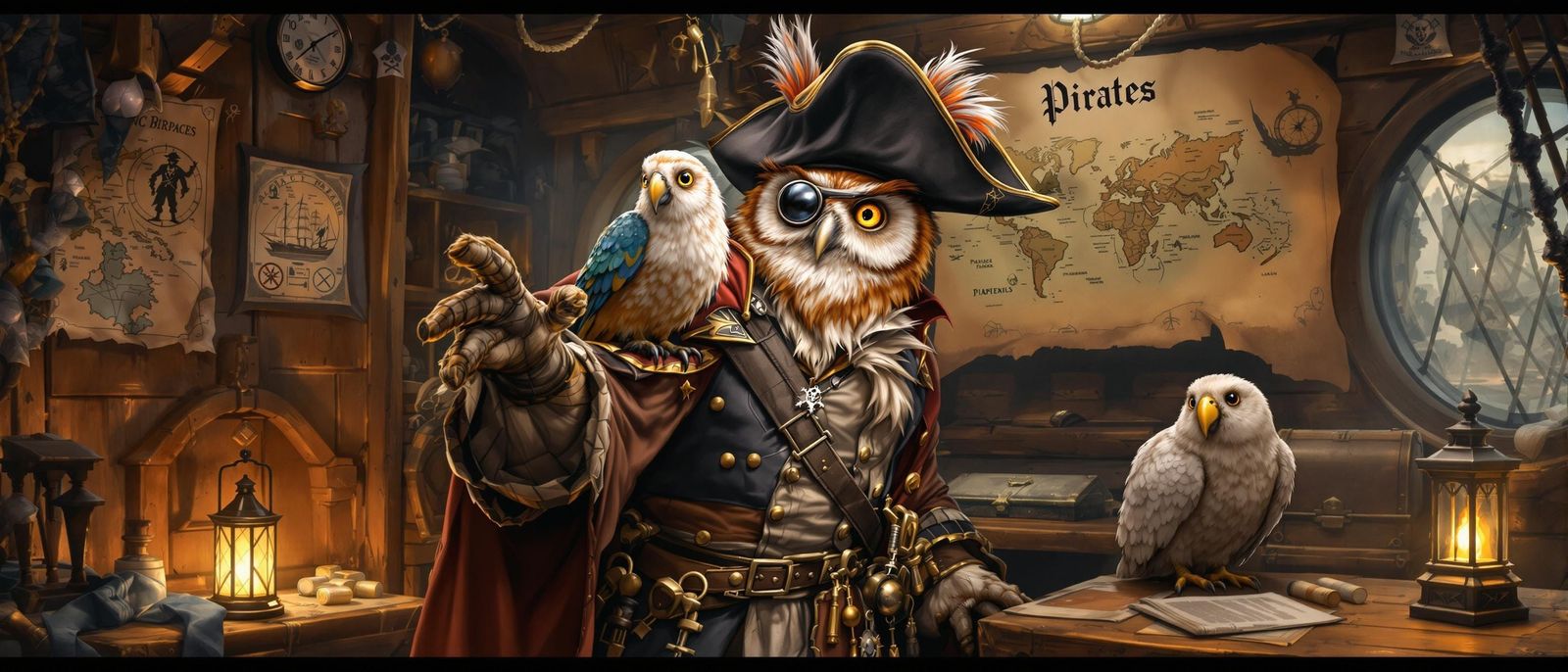 Wise Owl Pirate Captain in Detailed Illustration