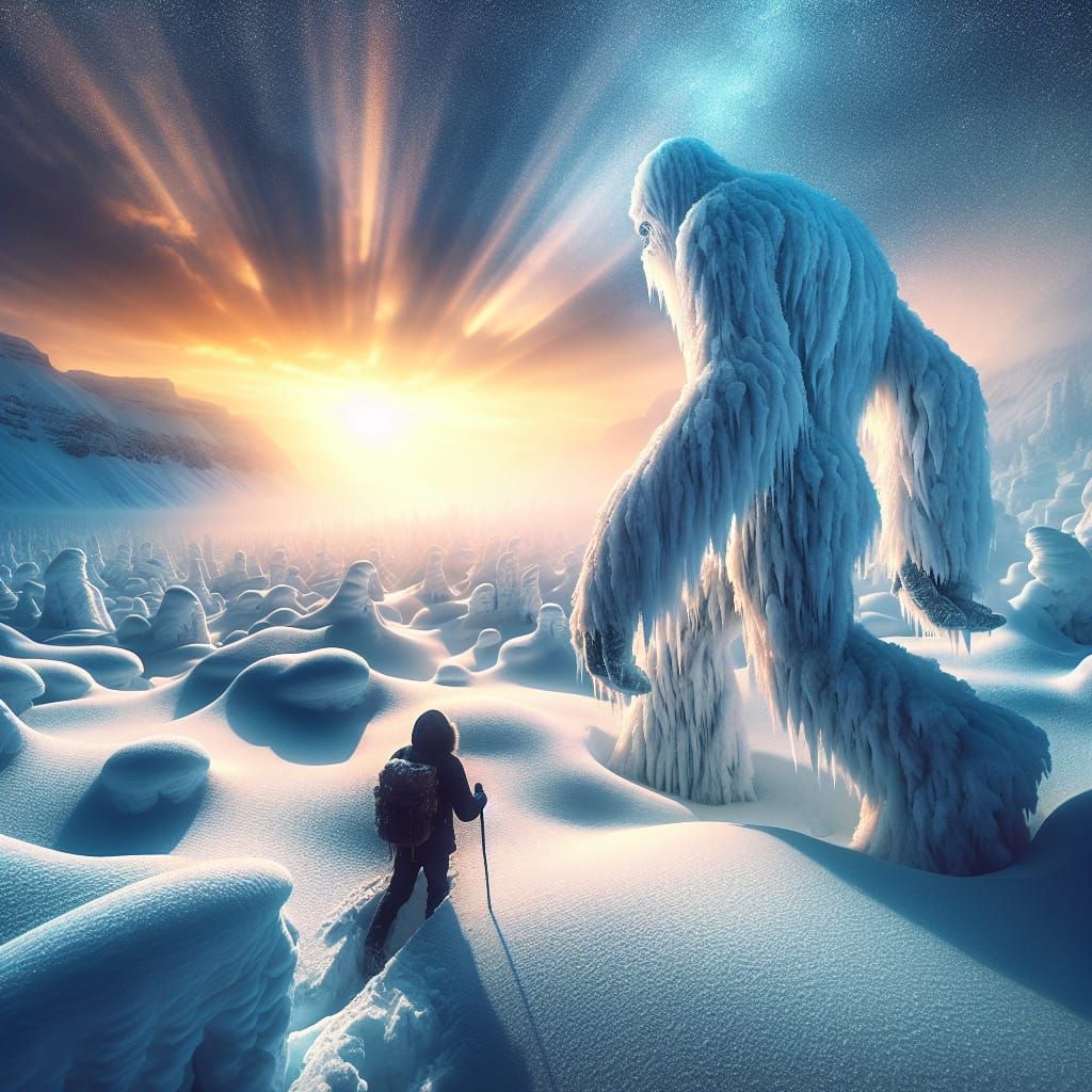 Majestic Bigfoot in Winter Sunset Landscape