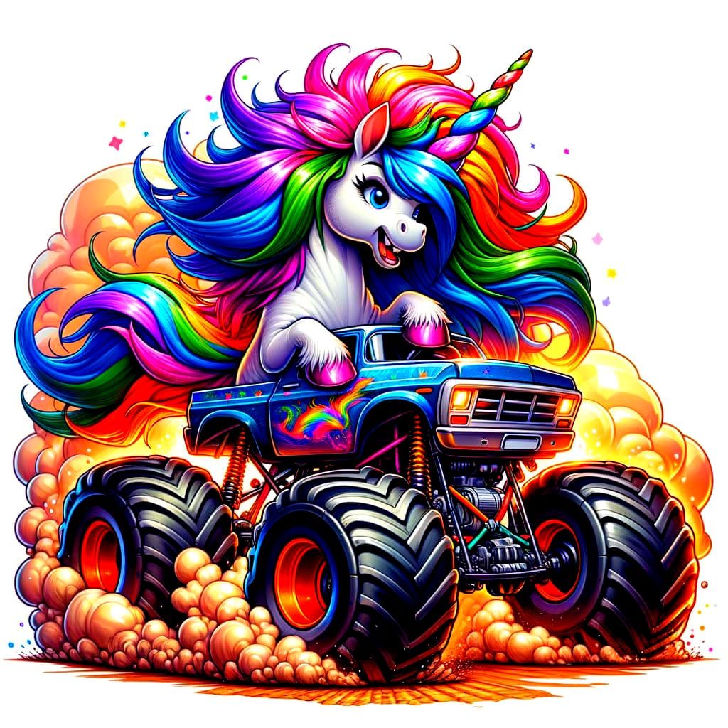 Cartoon Unicorn Driving a Monster Truck