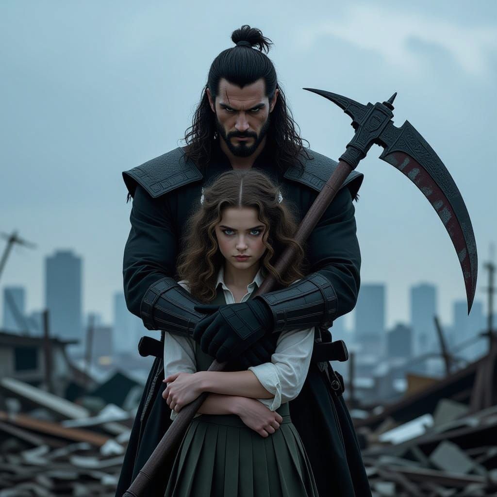 Gritty Anime-Inspired Scene of Sukuna Ryomen and a Young Gir...