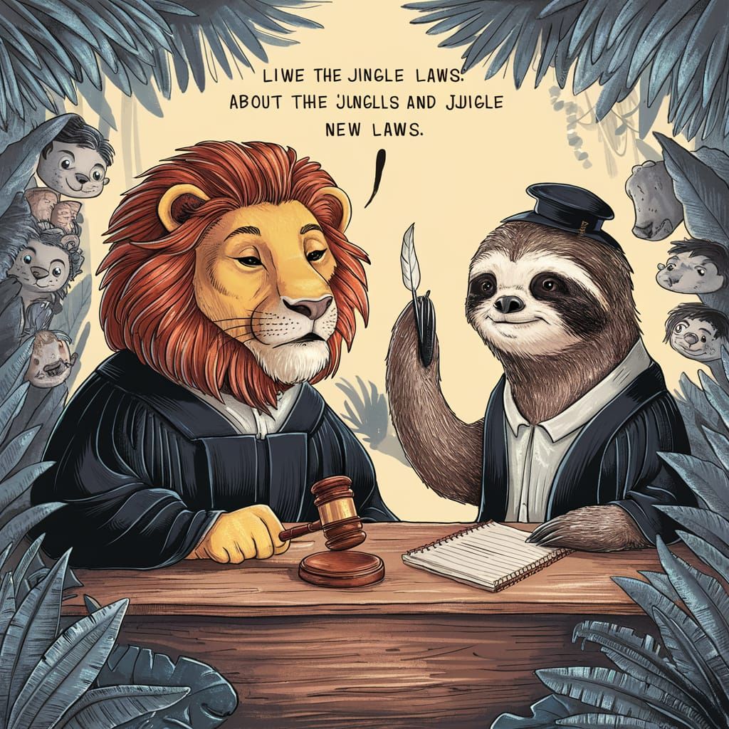 A lion and a sloth talking about the jungle's new laws.