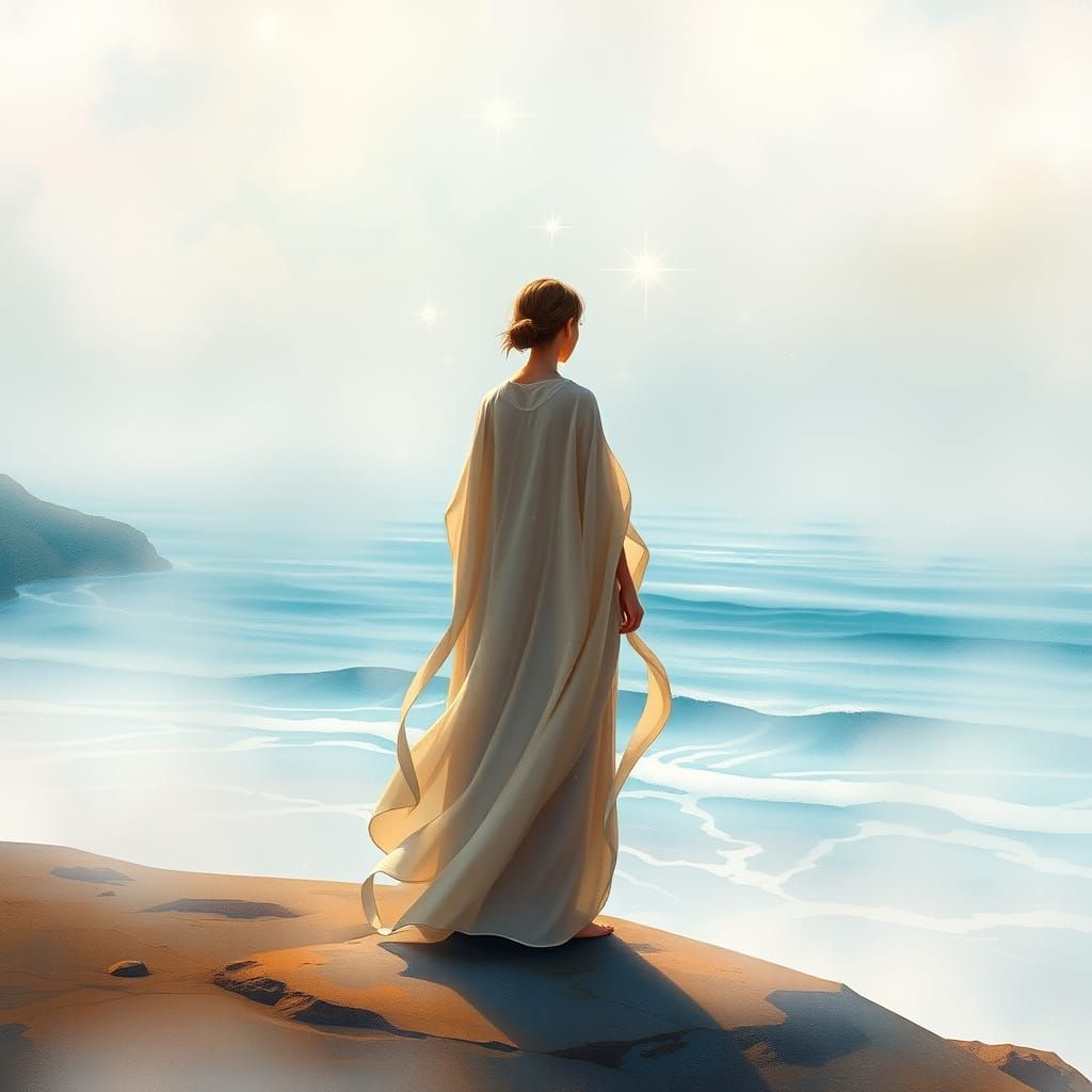 Whimsical Figure Stands on Misty Shore in Dreamlike Watercol...