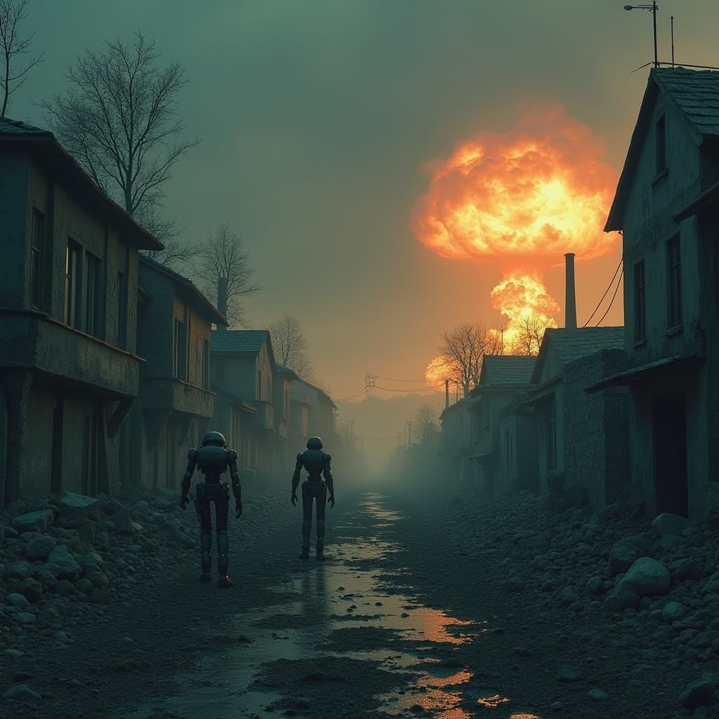 Post-Apocalyptic Village in Ruins, Robots Amidst Nuclear Bla...