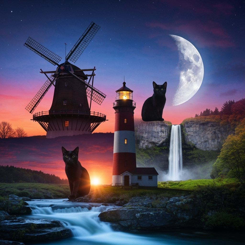 Surreal Double Exposure Art: Windmill, Cat, Moon, and Waterf...