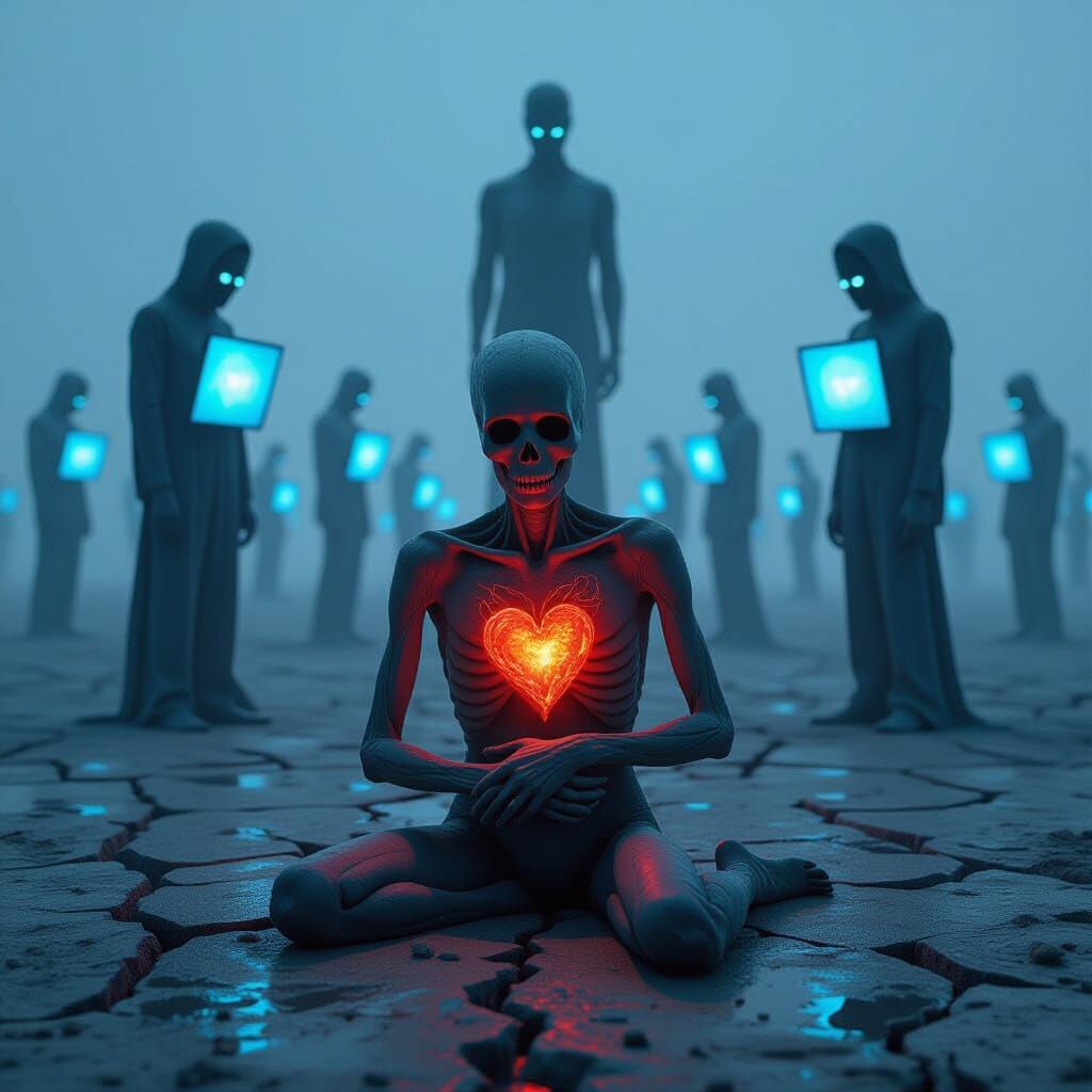 Lone Figure Crawls Through Gray World with Burning Heart