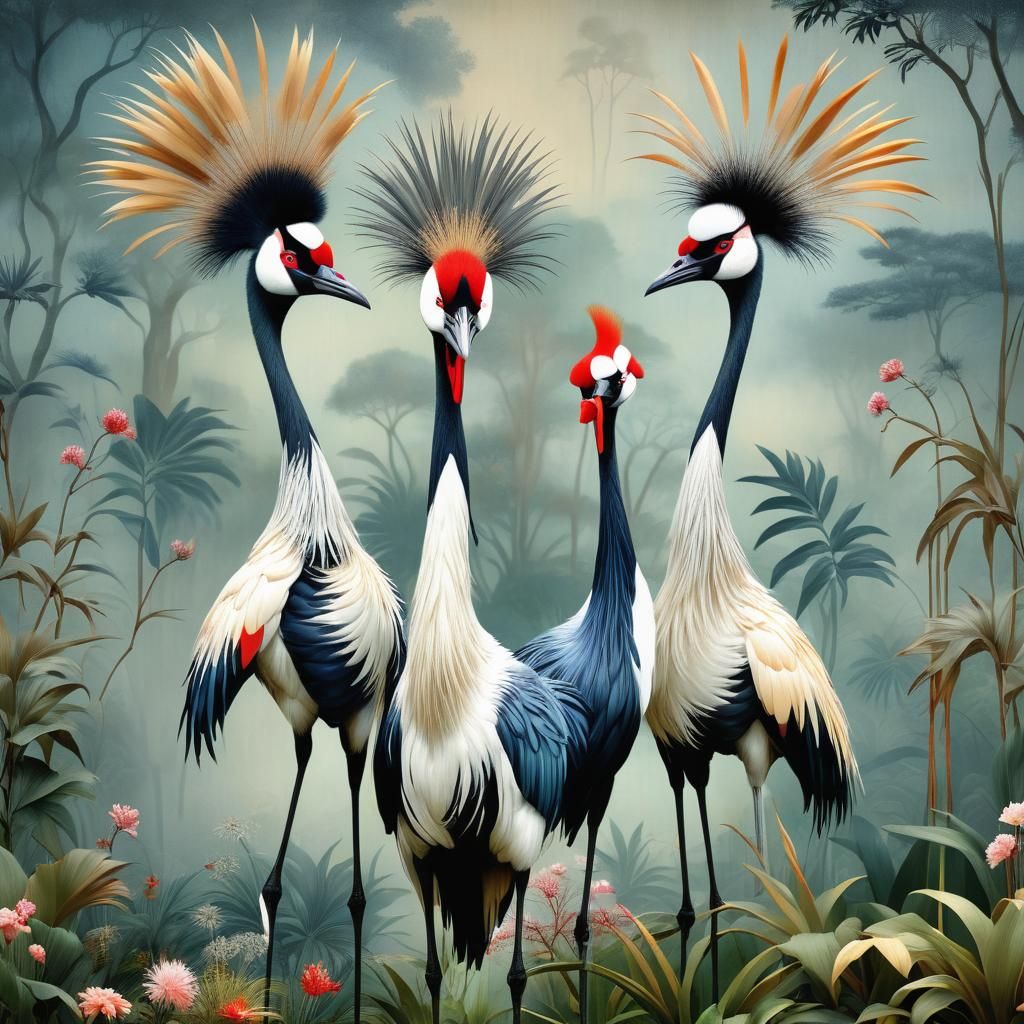 Surrealistic Cranes in Vibrant Garden Scene