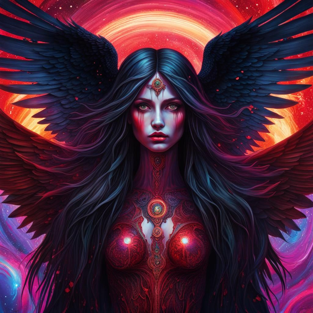 Bloody Angel with Black Wings in Astral Illustration