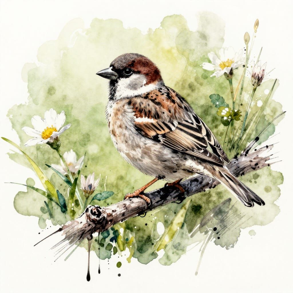 Sparrow on a branch, rough colored charcoal sketch, watercolor, quick ...