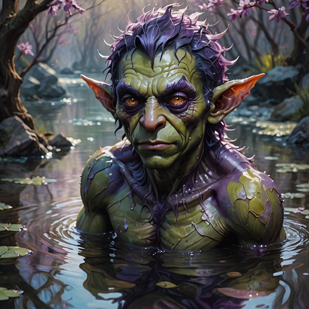 Handsome Goblin in Spring Water, Oil Painting