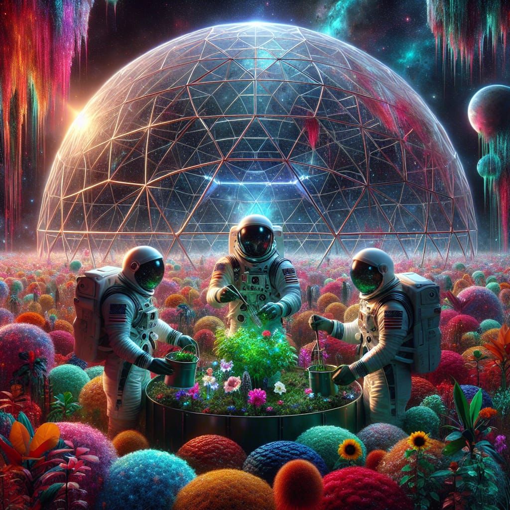 Astronauts Tend Garden in Neon Flower Landscape