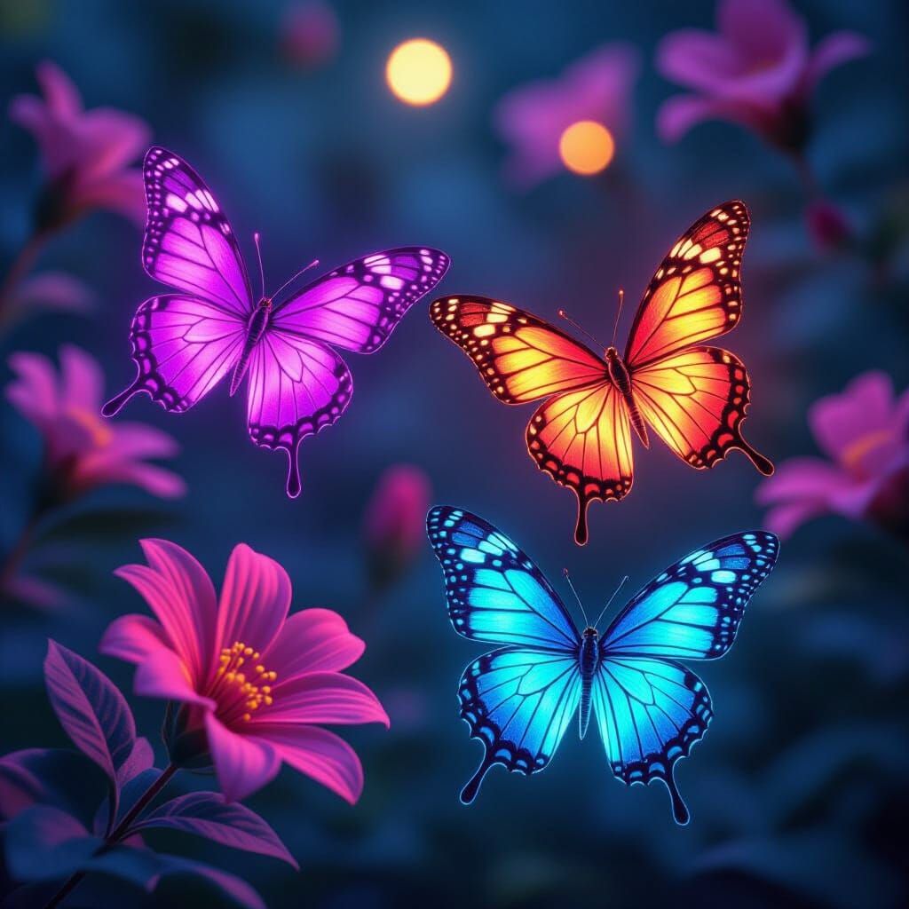 Luminous Wire Butterflies in a Neon Flower Garden
