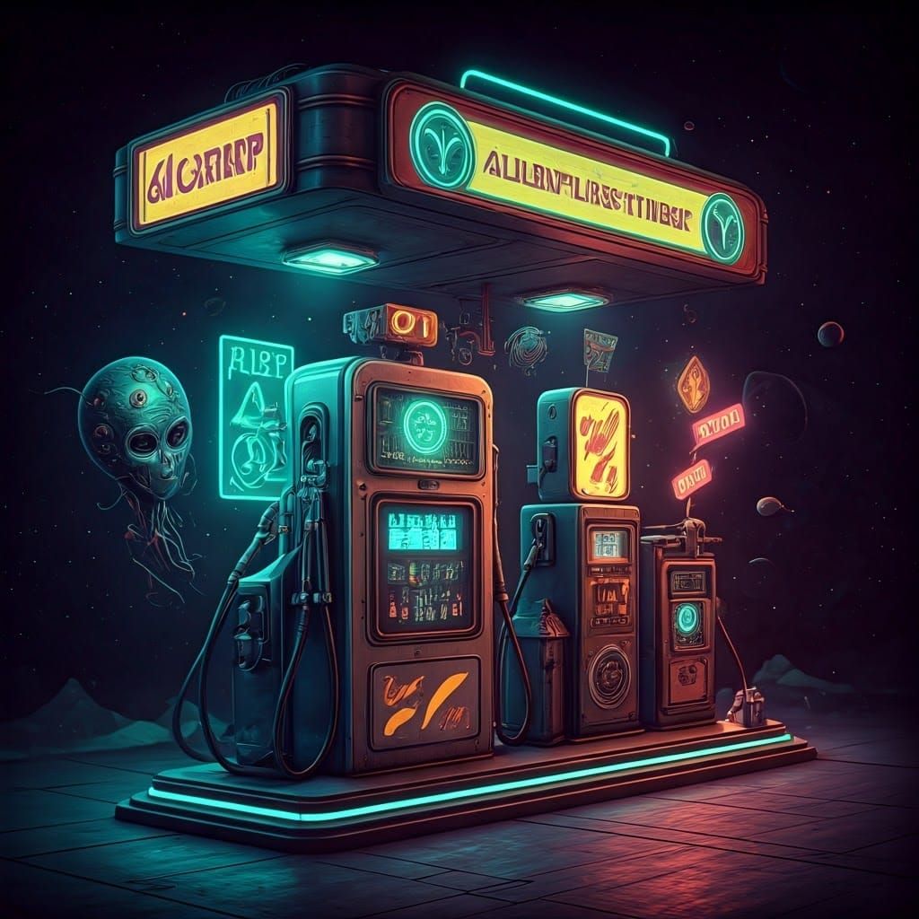 Mystical Alien Gas Station with Neon Fuel Pumps