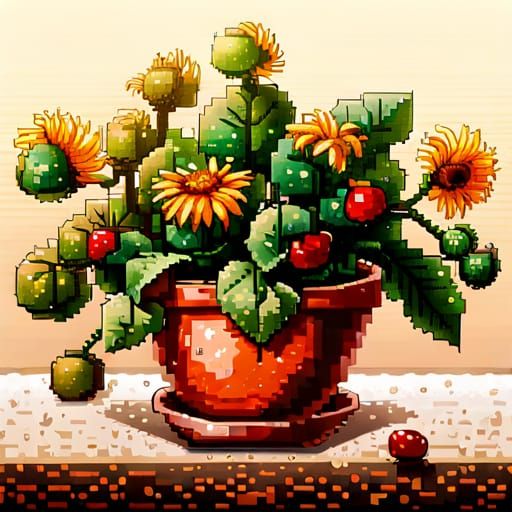 Pixel Art Flowerpot on Table, 16-bit Style