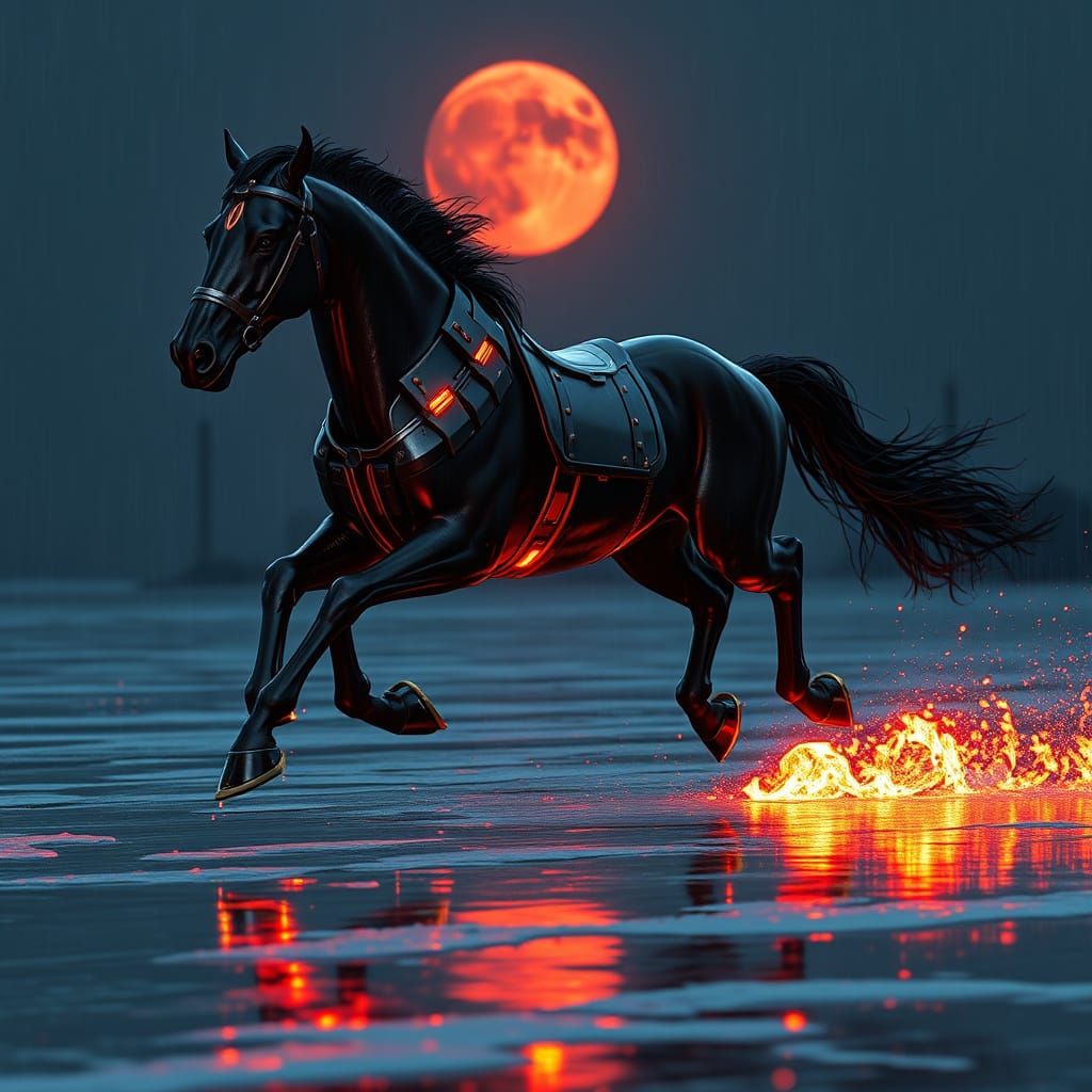 Cyberpunk Stallion Rides Through Fiery Hoof Prints in a Futu...