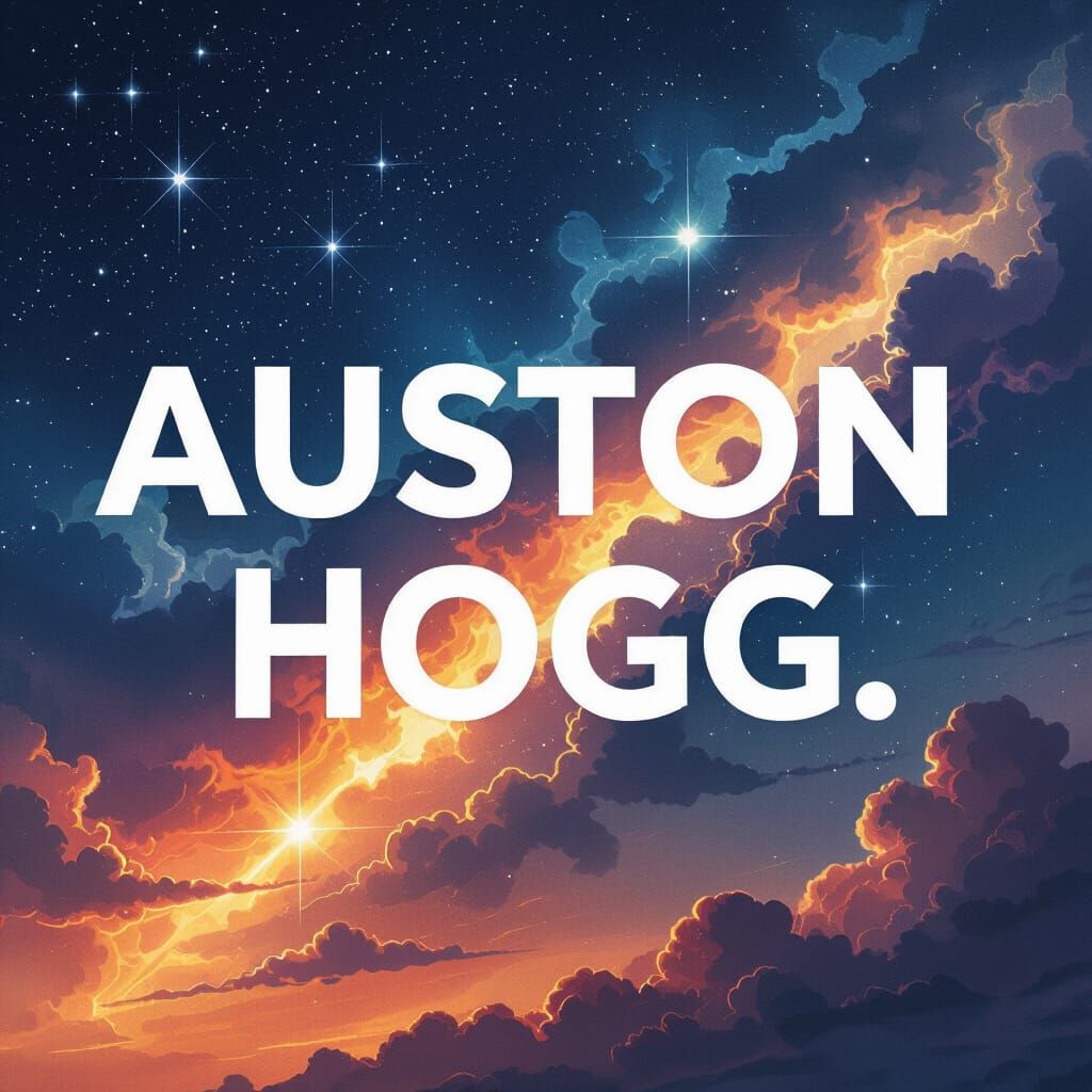 Vibrant Night Sky with "AUSTON HOGG" Text in Fantasy Art Sty...