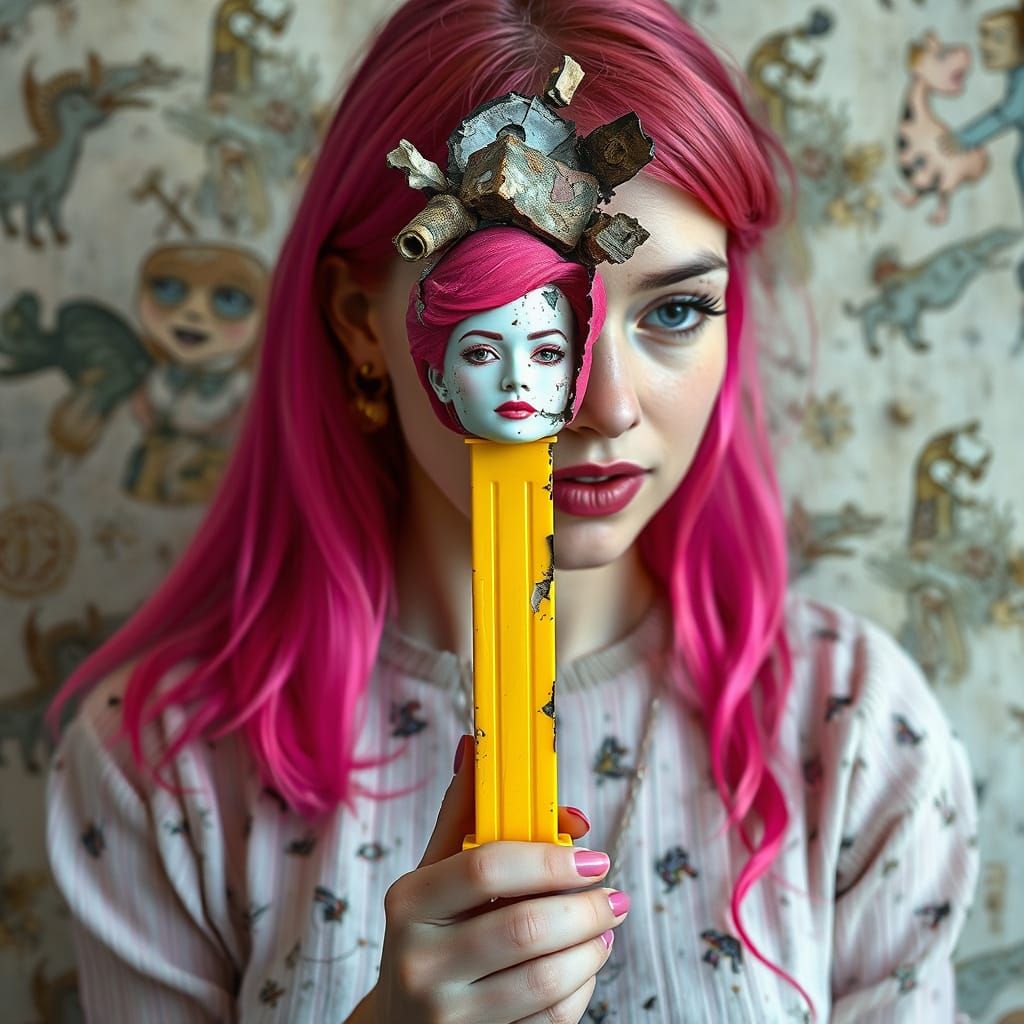 Surreal Pop Art Icon in Distressed, Abstract Pez Dispenser