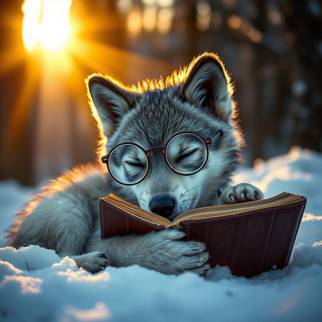 Cinematic Grey Wolf Cub in Snowy Forest Scene