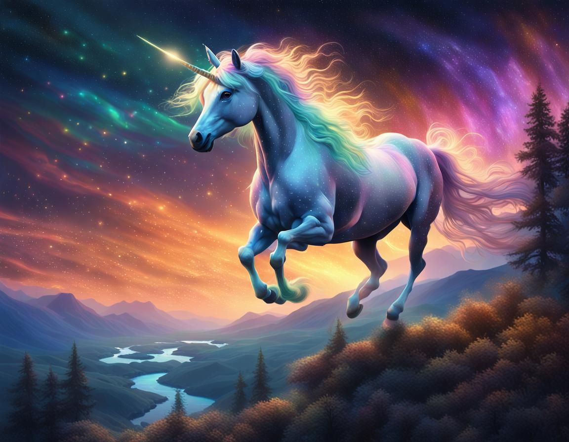 Unicorn Running in Night Sky as Digital Matte Painting