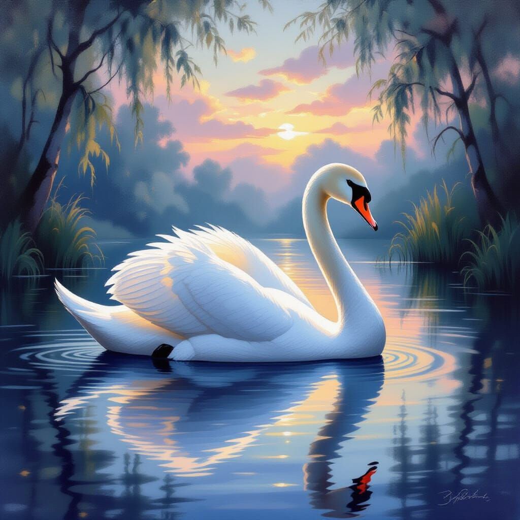 Elegant Swan on Tranquil Pond in Late Romantic Style