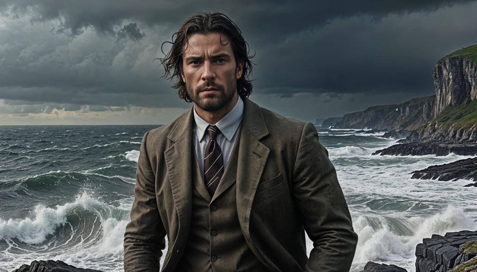 Mysterious Man Stands Firm on Stormy Sea Cliff