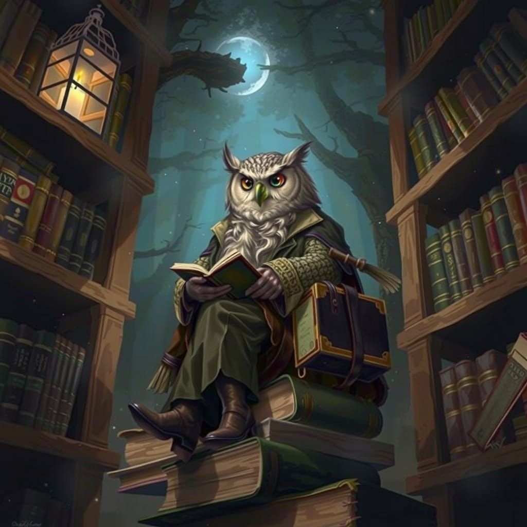 Mystical Owl Librarian in a Hidden Forest Sanctuary