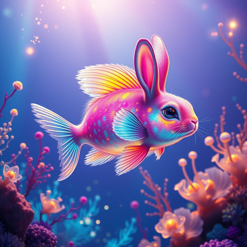 Majestic Iridescent Bunny-Fish in Ethereal Oceanic Scene