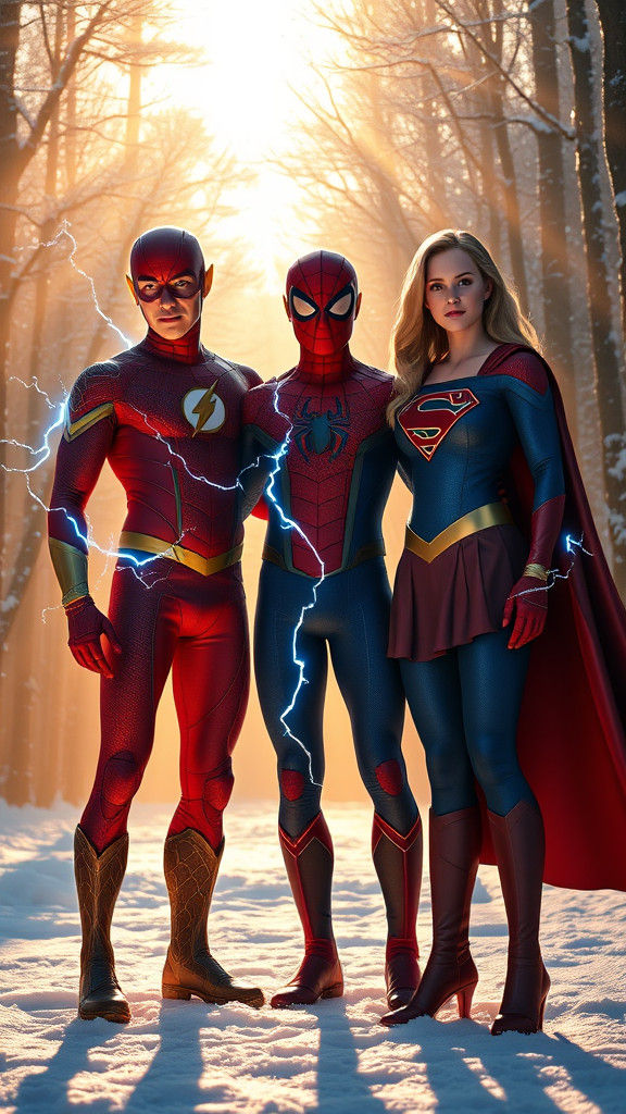 Spider-Man, Flash, and Supergirl United in Snowy Forest