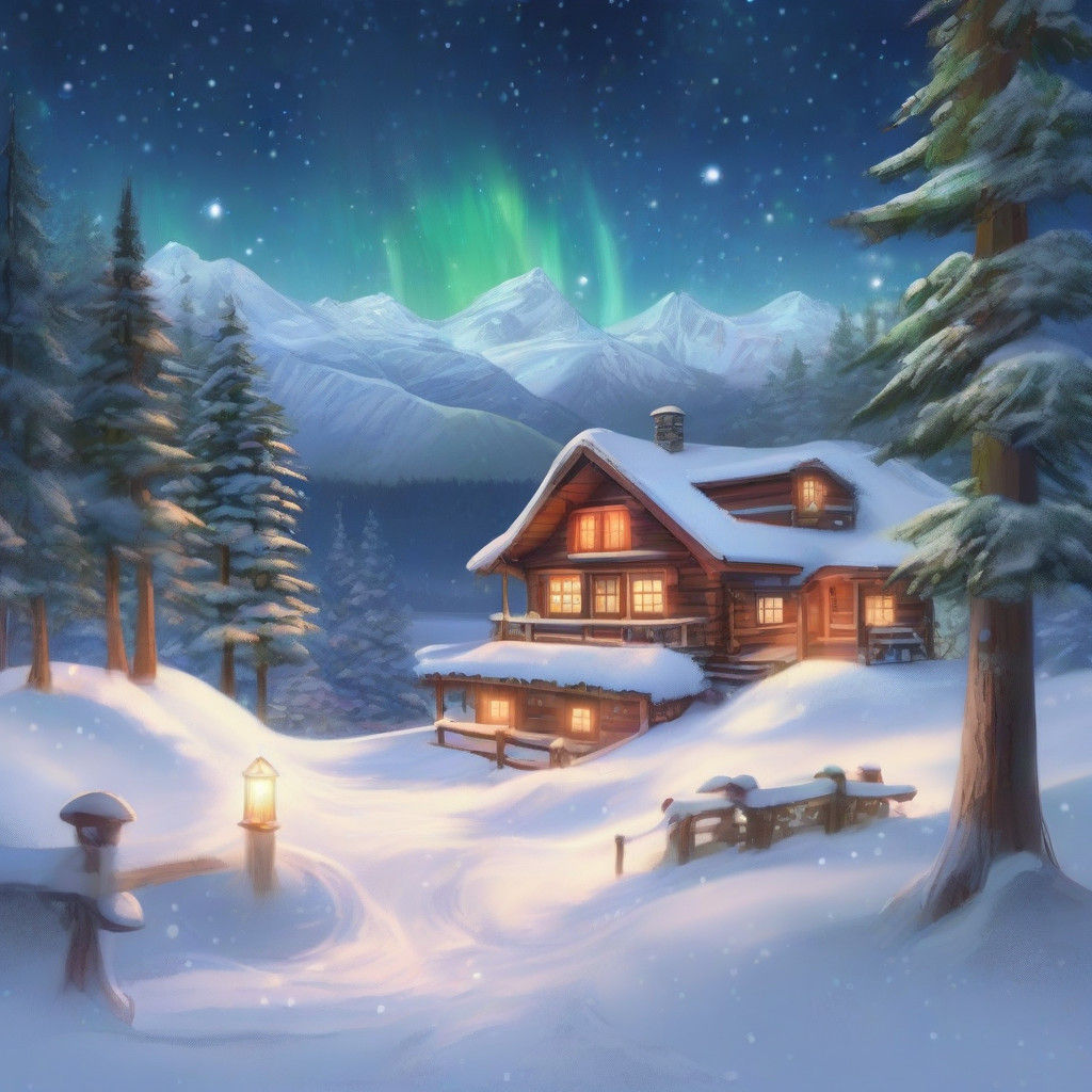 Enchanted Snowy Lodge Amidst Majestic Mountains and Vibrant...
