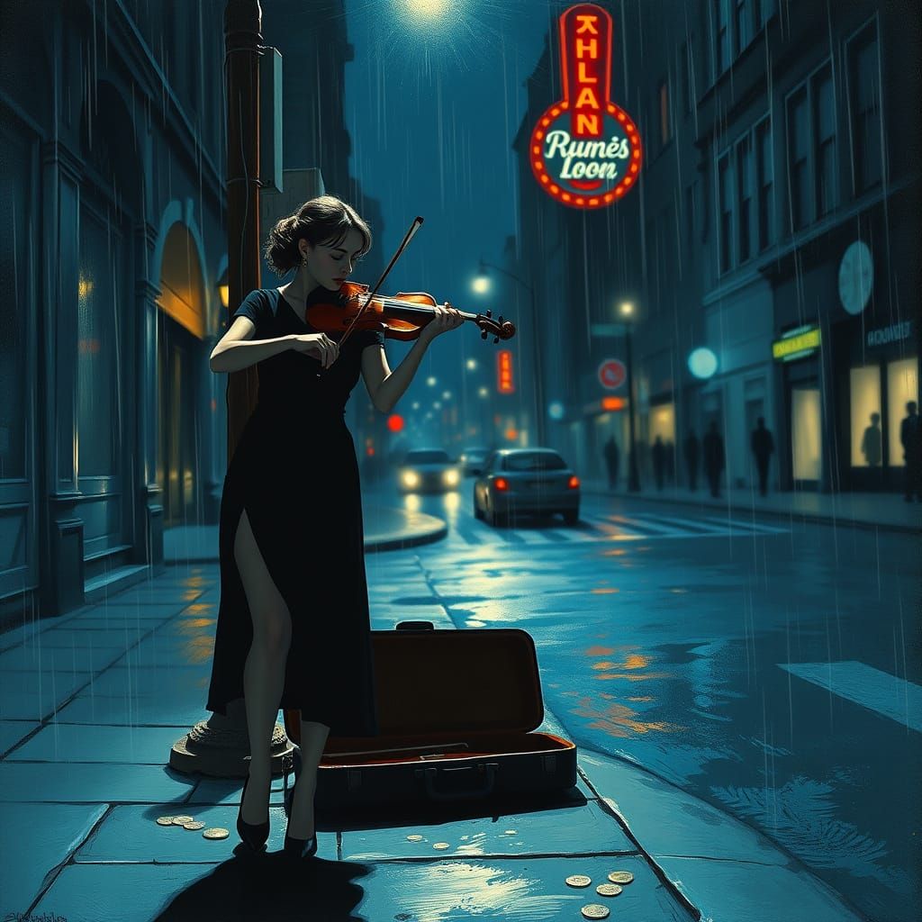 Violinist on Rainy Street Corner in Noir Style