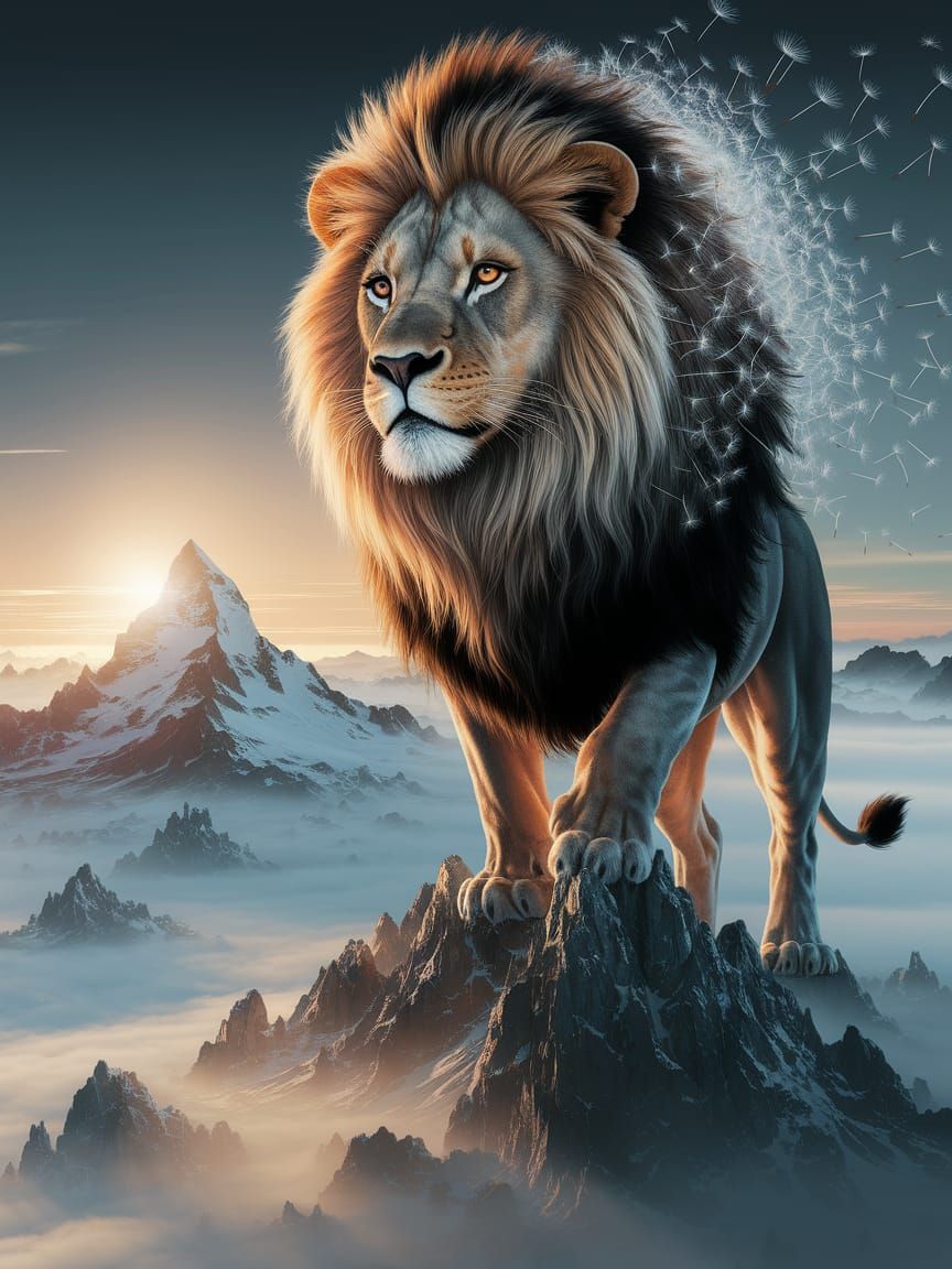 Lion with Dandelion Mane on Misty Mountain