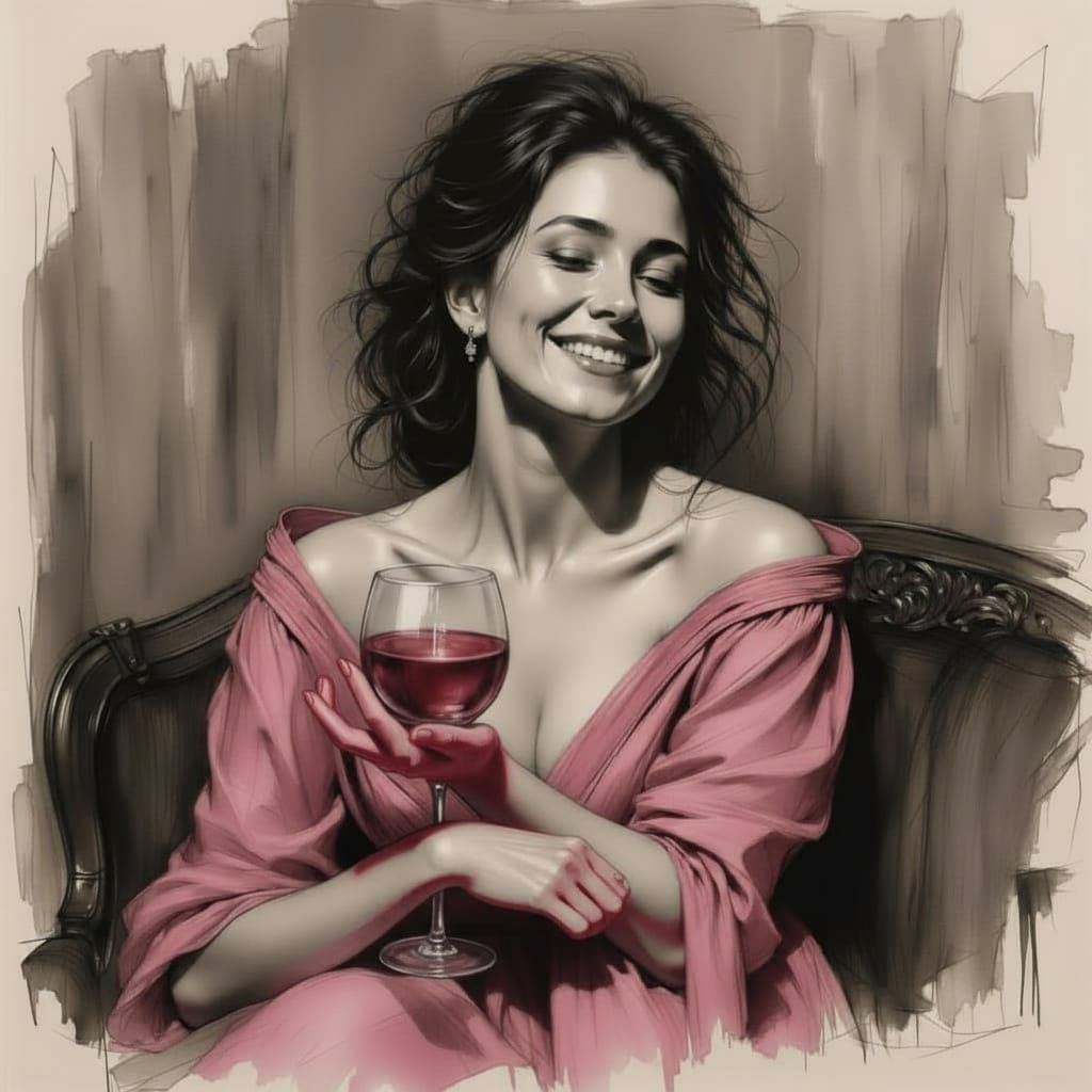 Woman Laughing with Wine Glass in Rose Pink Charcoal Sketch