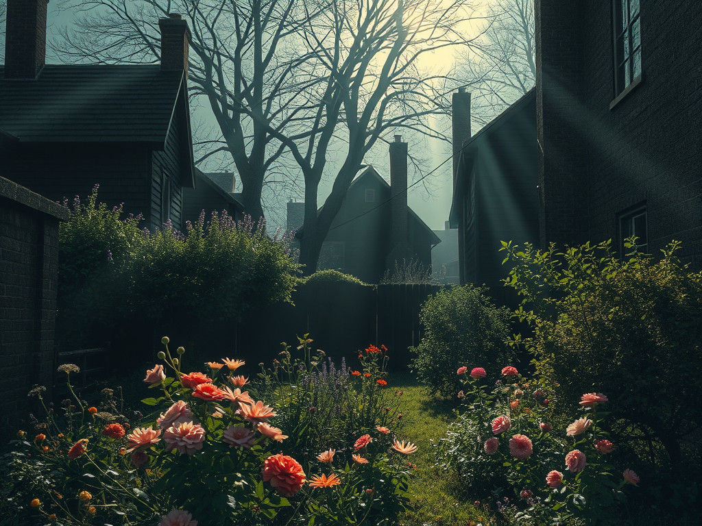 Sunlit Garden Between Dark Houses: Watercolor Art