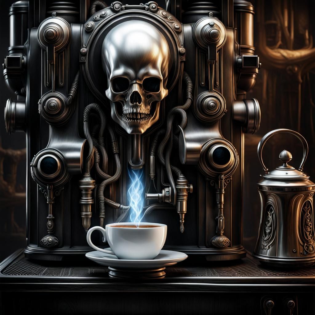 Ethereal Ghost Haunts Coffee Machine, Macabre Art