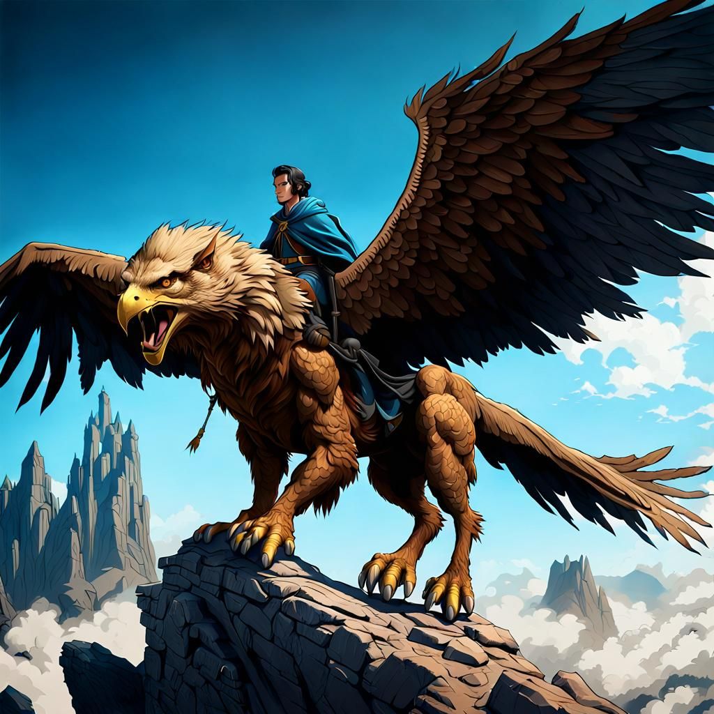 Mage on Griffin in Fantasy Landscape