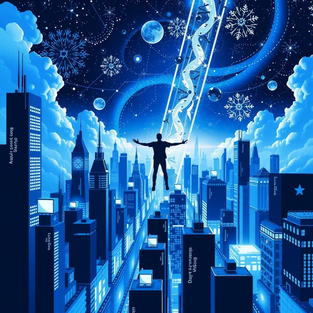 Futuristic Glitchscape: Floating Figure in Indigo