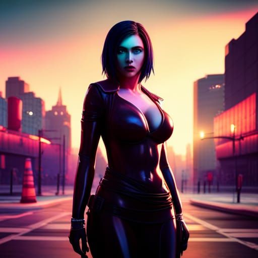 Voluptuous Gothic Woman in Neon Urban Steampunk