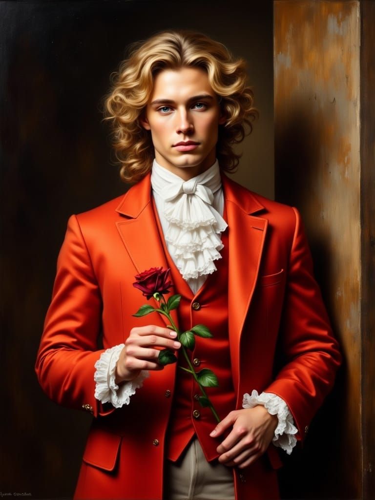 Dashing Regency Gentleman Holds a Rose in Chiaroscuro Lighti...