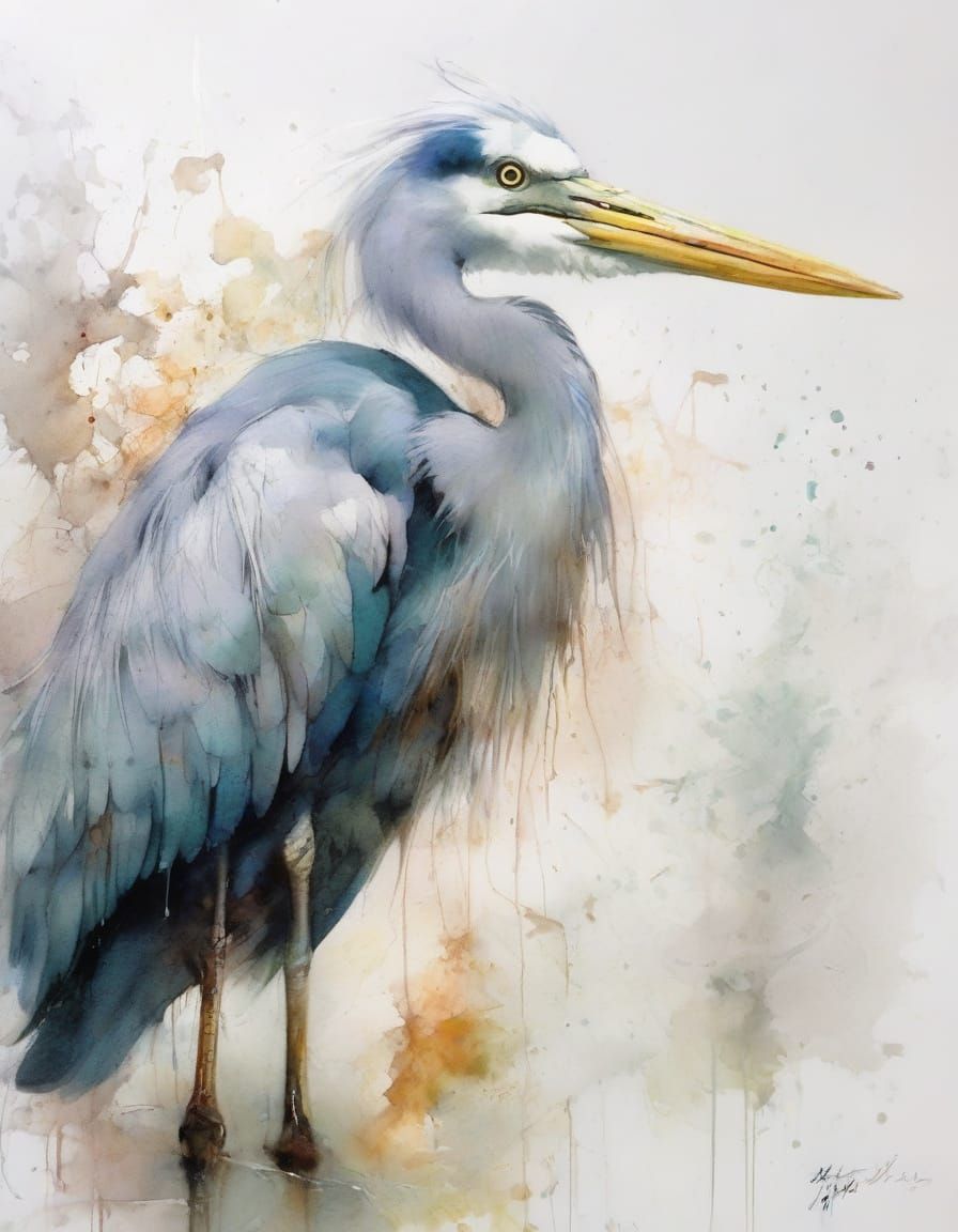 Tiny Heron in Water Droplets: Neo-Impressionist Oil Painting