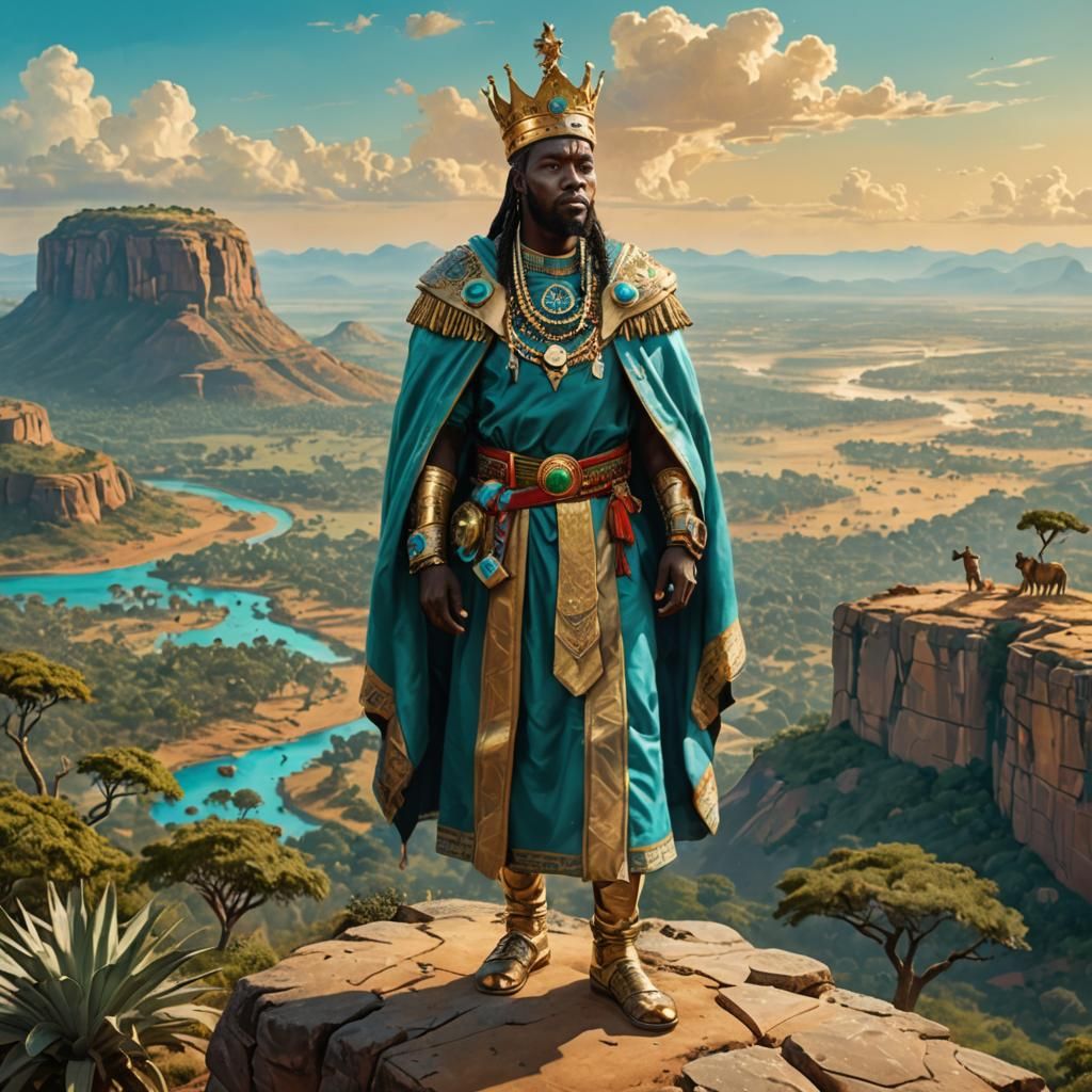 A full-body pose of an African king standing on top of a mas...