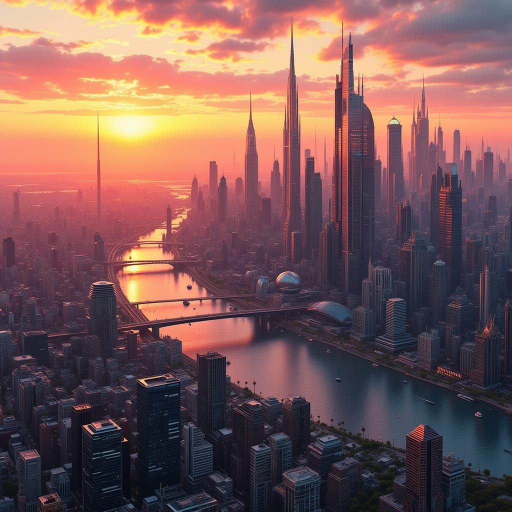 Futuristic NYC Skyline at Sunset - Digital Art