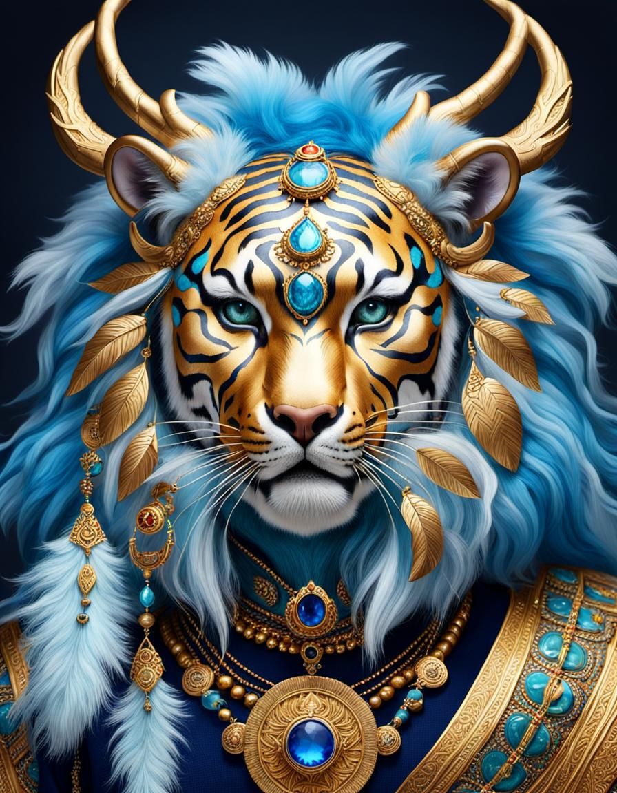 Blue Tiger Deity with Golden Antlers