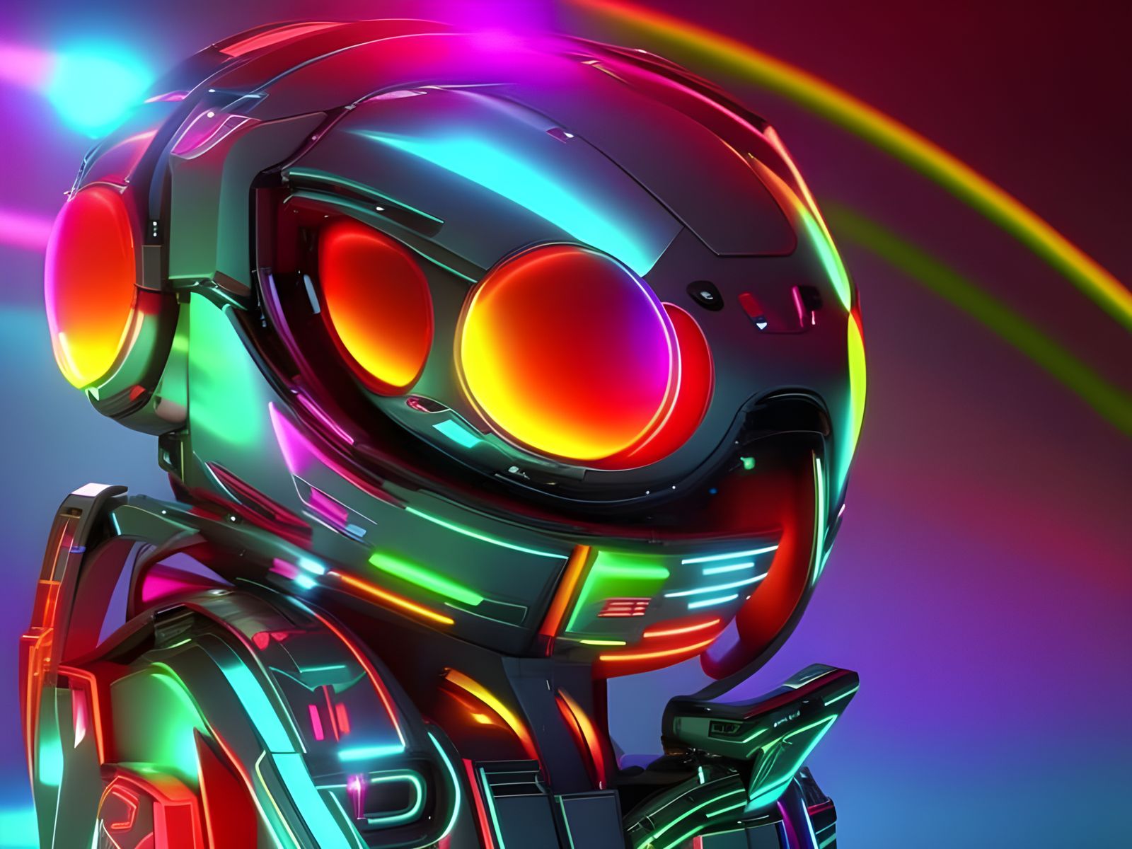 Cute Cyberpunk Robotic Pet in Neon Rainbow Colors