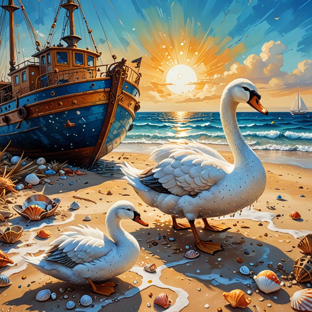 Steampunk Swan and Duck Oil Painting on Beach