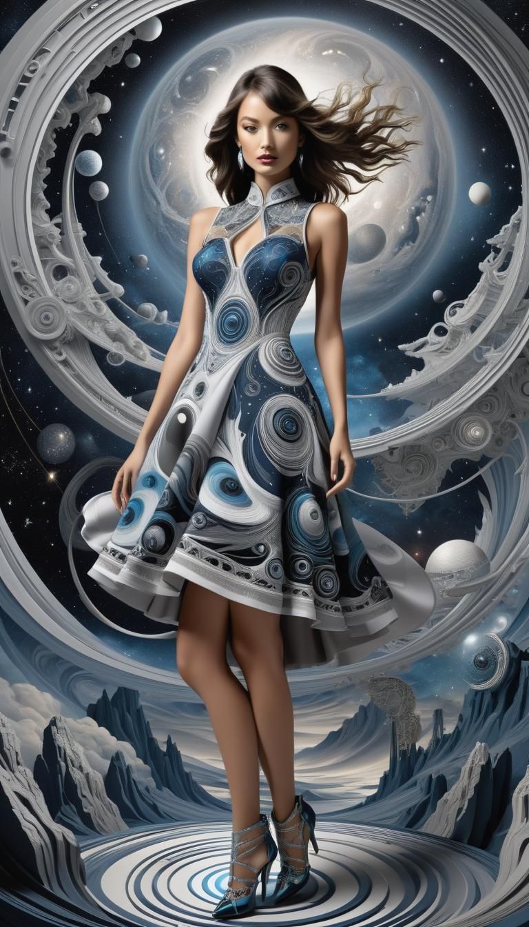 fashion catwalk. Cosmos galaxy theme.  Modern embroidered dr...