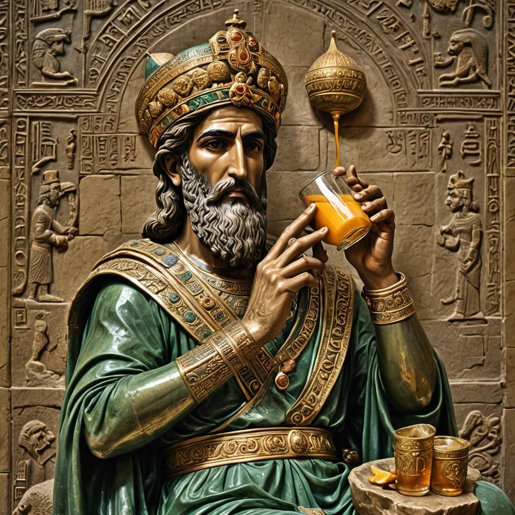 Cyrus the Great Drinks Juice, Hyperrealistic Photo