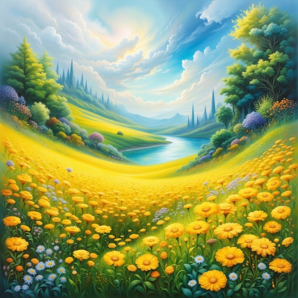 Idyllic Landscape with Yellow Flowers in Impressionist Style