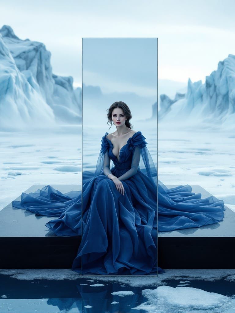 Woman in Blue Gown on Hover Platform in Frozen Landscape