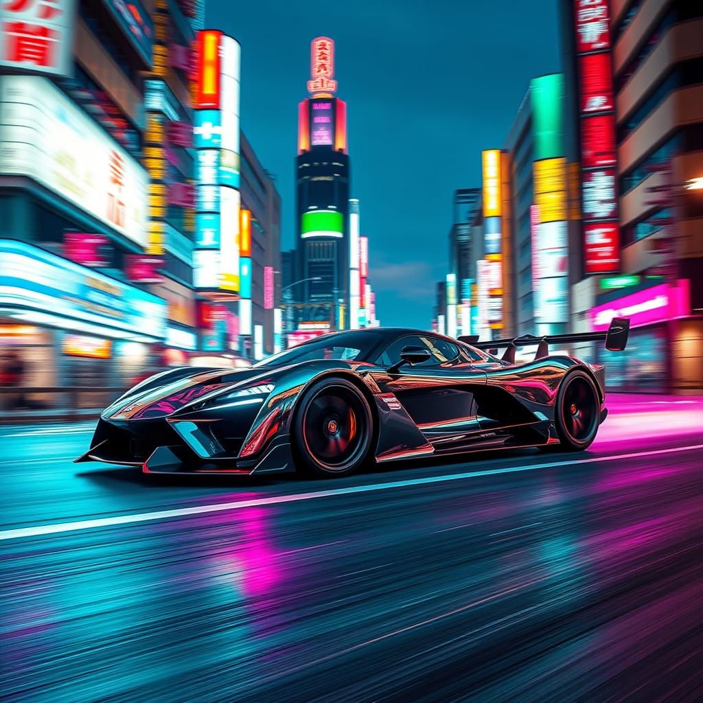 Cyberpunk Sports Car Speeds Through Tokyo in a Blaze of Neon