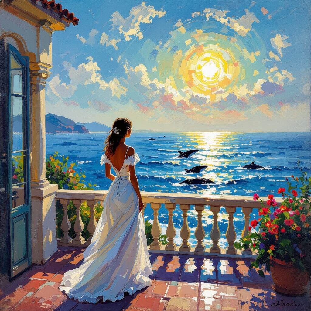 Mediterranean Villa Scene with Lady and Whales, Monet Inspir...