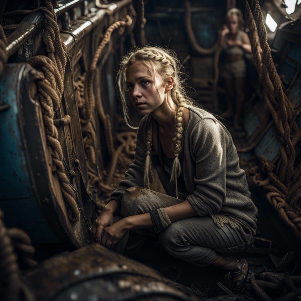 Sad Girl in Shipwreck: Hyperrealistic Moody Scene